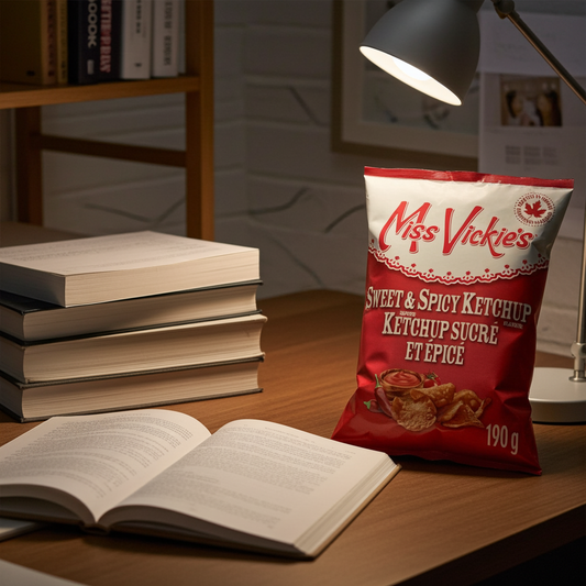 Miss Vickie's Sweet & Spicy Ketchup packet on a table with books and a lamp in the background