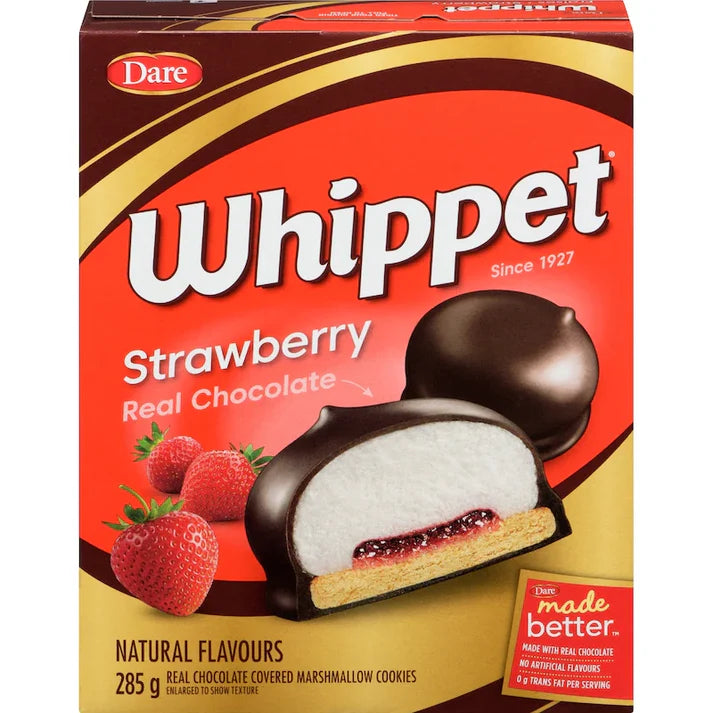 Box of Dare Whippet Strawberry Real Chocolate cookies with a red and brown design.