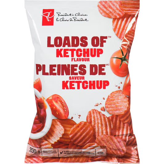 Bag of ketchup-flavored potato chips with visible branding and tomato graphics.
