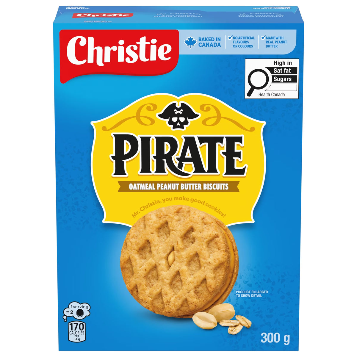 A 300 g box of Christie Pirate Oatmeal Peanut Butter Biscuits on a plain white background. The packaging features a bright blue background with a large yellow shield containing the word 'PIRATE' in black, a picture of a biscuit and peanuts, and the Christie brand logo in red at the top.