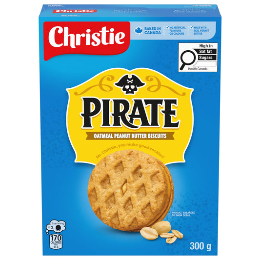 A 300 g box of Christie Pirate Oatmeal Peanut Butter Biscuits on a plain white background. The packaging features a bright blue background with a large yellow shield containing the word 'PIRATE' in black, a picture of a biscuit and peanuts, and the Christie brand logo in red at the top.