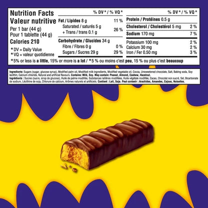 Nutrition facts label and chocolate bar on a yellow and purple background