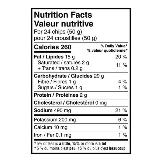 Nutrition facts label for a product with detailed calorie and ingredient information.