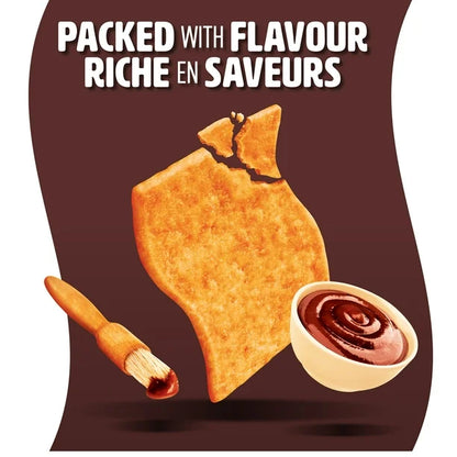 Product packaging with a piece of fried food and a bowl of sauce, labeled 'Packed with Flavour Riche en Saveurs'.