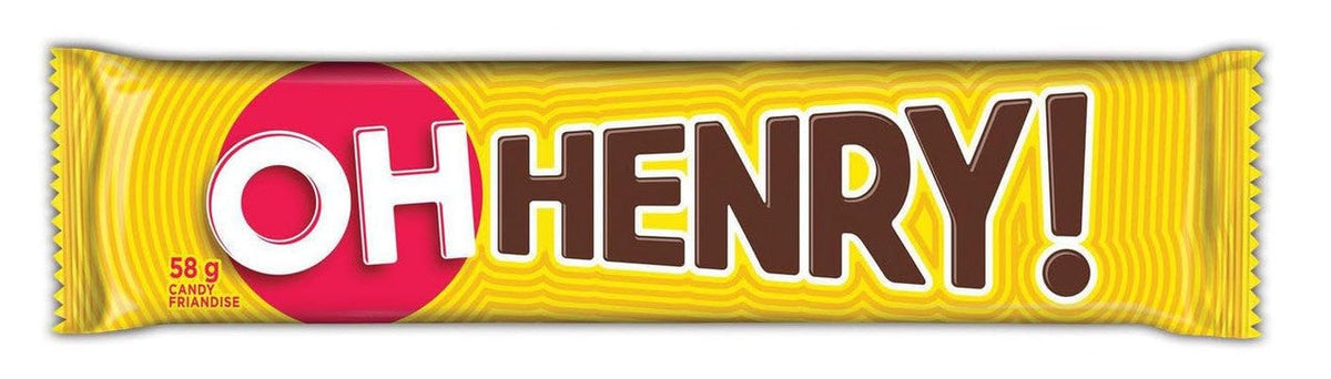 Oh Henry! chocolate bar packaging with yellow and pink design