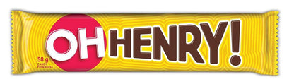 Oh Henry! chocolate bar packaging with yellow and pink design