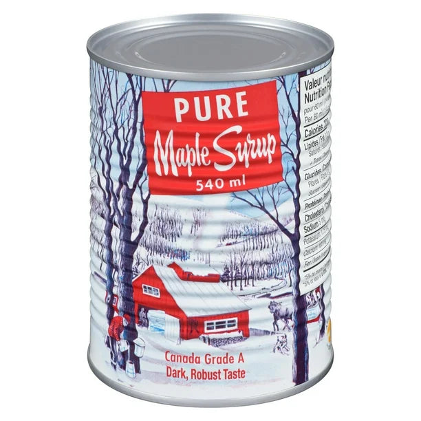 Can of pure maple syrup with a winter scene label on a white background