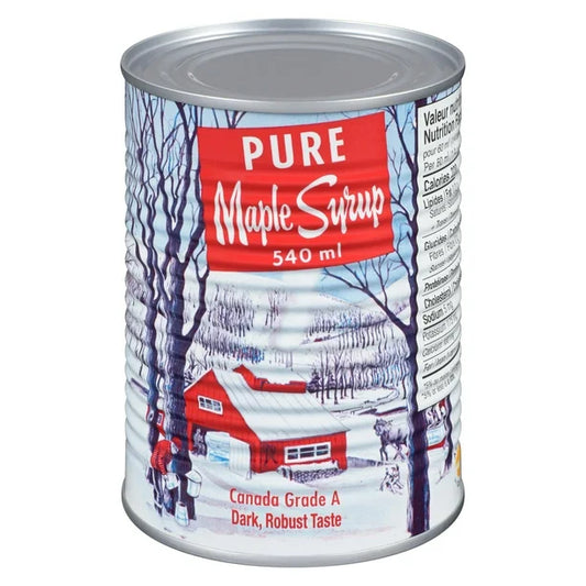 Can of pure maple syrup with a winter scene label on a white background