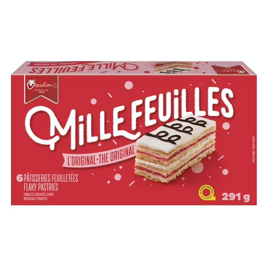 Box of Mille Feuilles pastry with red background