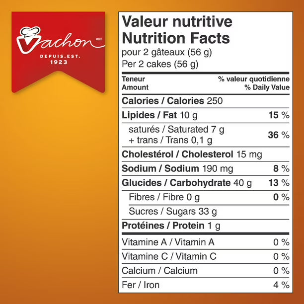 Nutrition facts label for Vachon cakes on an orange background
