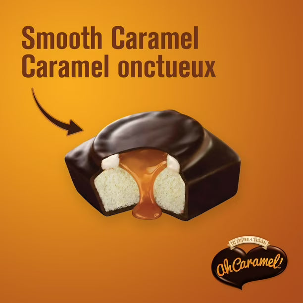 Chocolate-covered caramel treat with 'Oh Caramel!' branding on an orange background