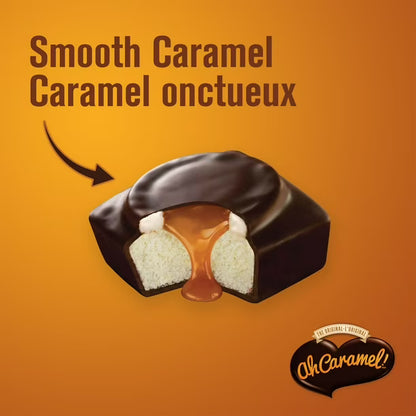 Chocolate-covered caramel treat with 'Oh Caramel!' branding on an orange background