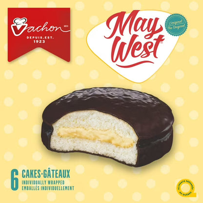 Chocolate-dipped cream-filled cake with Vachon branding on a yellow polka dot background