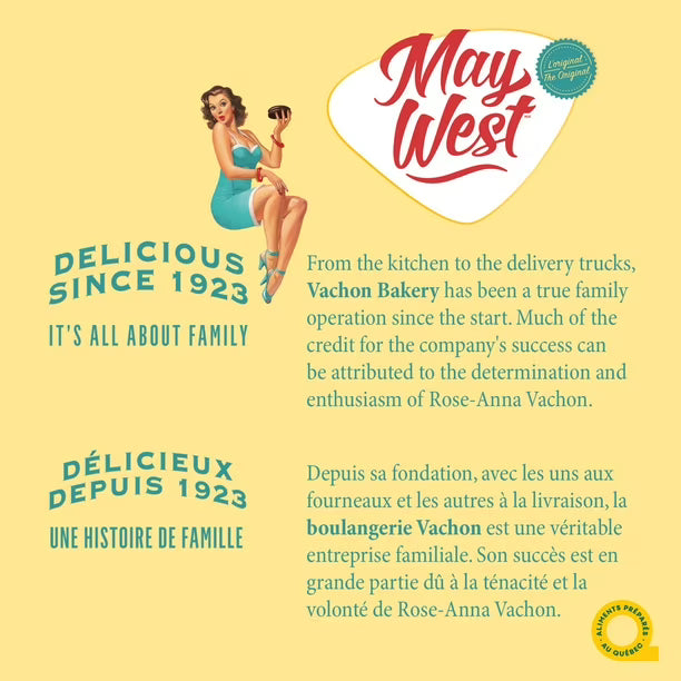 Vintage-style advertisement for May West with a pin-up girl and text about Vachon Bakery.