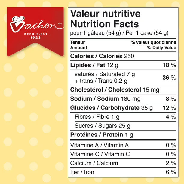 Nutrition facts label for a Vachon cake on a yellow background with polka dots