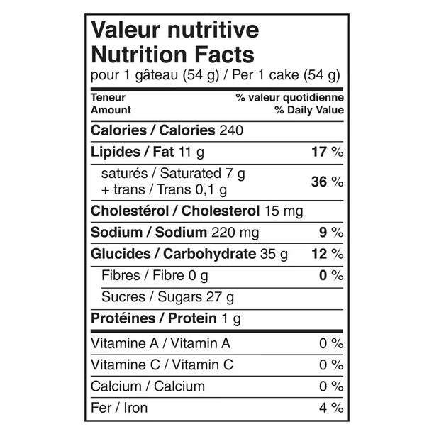 Nutrition facts label for a cake on a white background