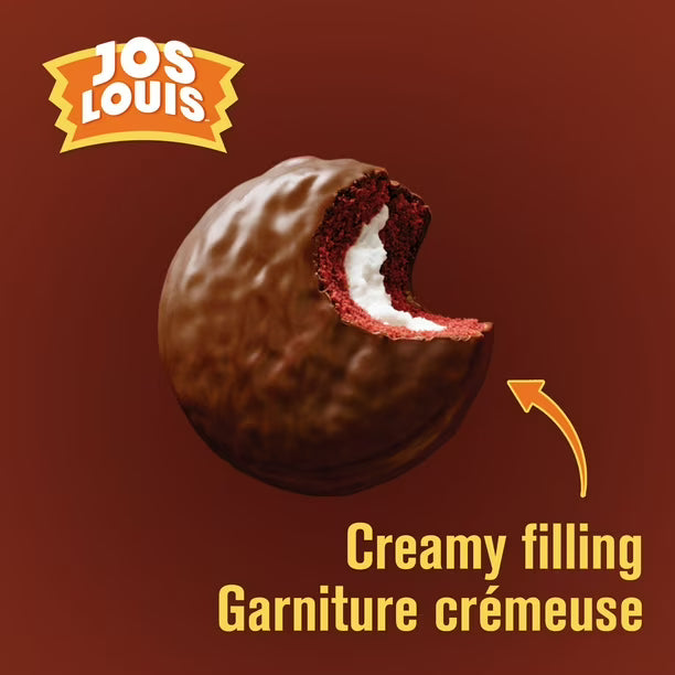 Chocolate confection with a creamy filling on a brown background, featuring the Jos Louis brand.