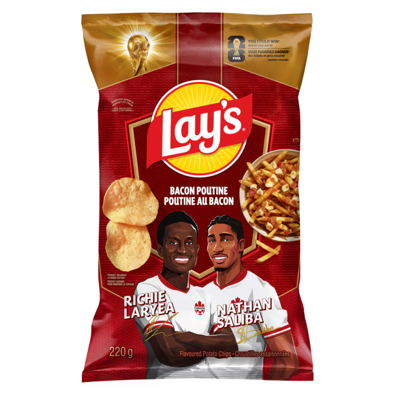 Lay's Bacon Poutine flavored potato chips packaging with two athletes on a red background