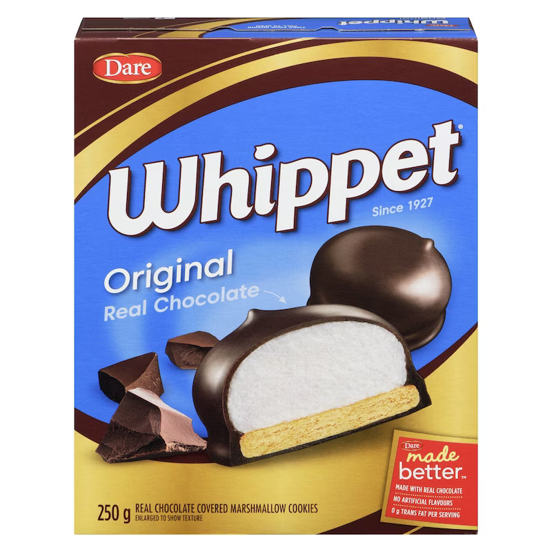 Box of Dare Whippet Original Real Chocolate cookies with a blue and brown design.