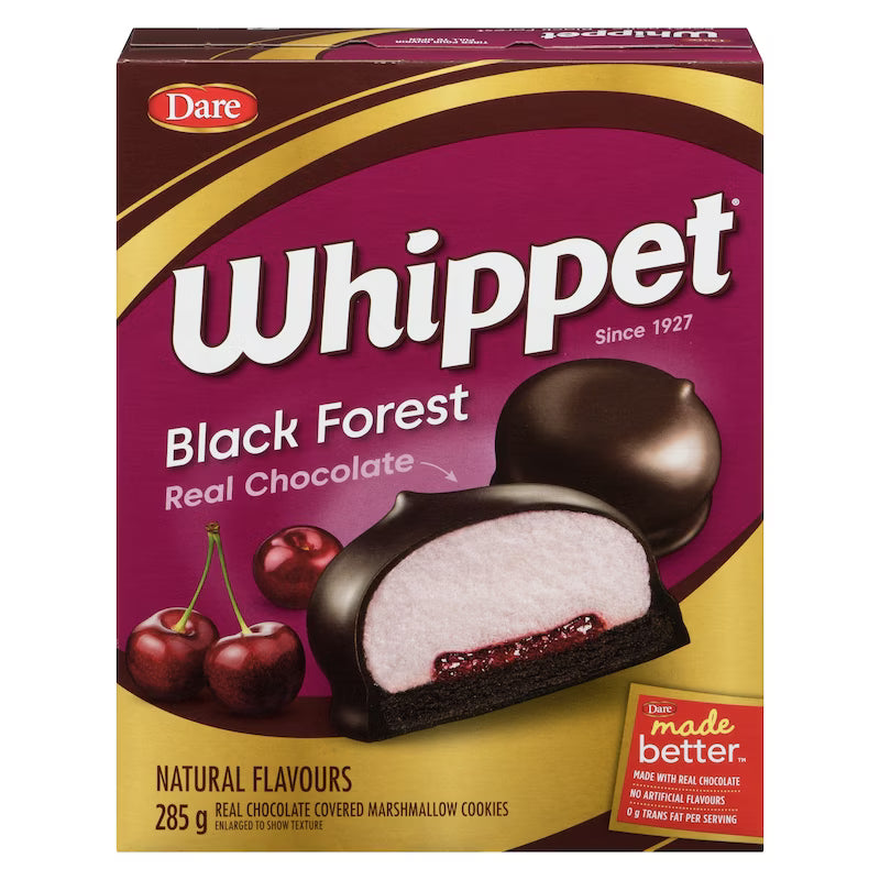 Box of Dare Whippet Black Forest chocolate cookies with a purple and yellow design.