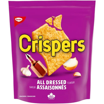 Purple package of Crispers All Dressed crackers with a cracker and seasonings on a white background