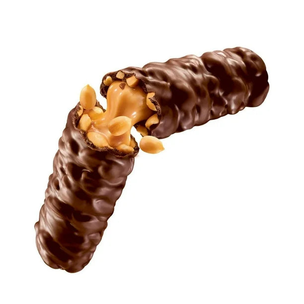 Chocolate-covered treat with a caramel center on a white background