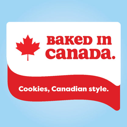 A square graphic with rounded corners on a light blue background. The design shows a red maple leaf and the words 'Baked in Canada.
