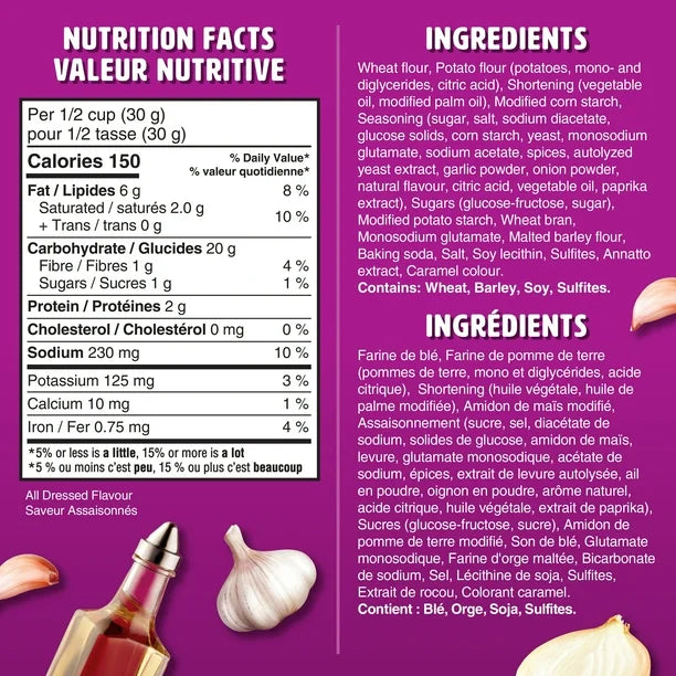 Nutrition facts and ingredients label on a purple background with garlic and oil.