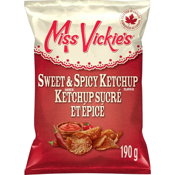 Miss Vickie's Sweet & Spicy Ketchup flavored chips packaging on a white background