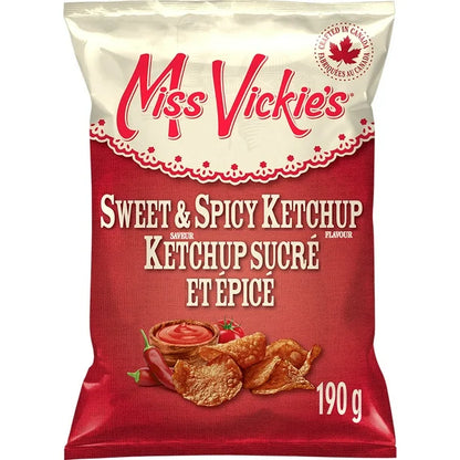 Miss Vickie's Sweet & Spicy Ketchup flavored chips packaging on a white background