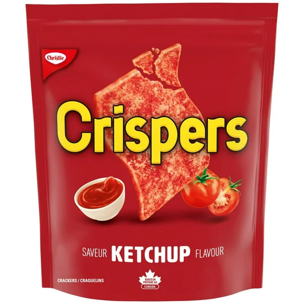 Red packaging of Crispers Ketchup Flavour crackers with visible brand logo.