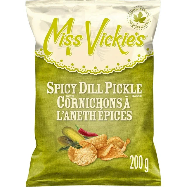 Miss Vickie's Spicy Dill Pickle flavored chips packaging on a white background