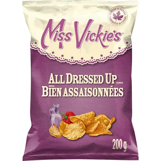 Miss Vickie's All Dressed Up flavored chips packaging on a white background