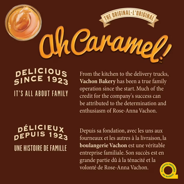 Advertisement for Vachon Bakery's 'Oh Caramel!' with text and logo on a brown background