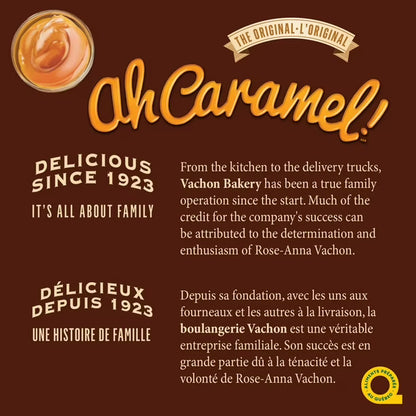 Advertisement for Vachon Bakery's 'Oh Caramel!' with text and logo on a brown background