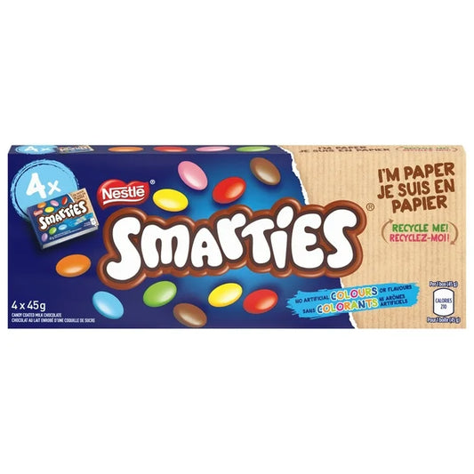 Box of Nestle Smarties candy with colorful candies on a white background