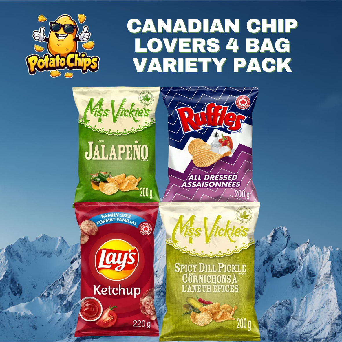 Four bags of Canadian potato chips with brand logos against a mountainous background