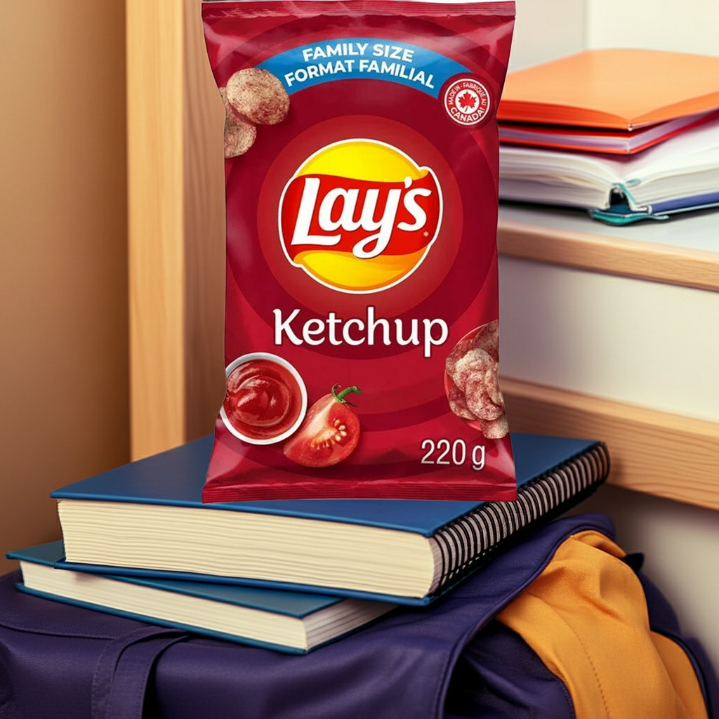 Lay's Ketchup potato chip bag on top of books with a shelf in the background