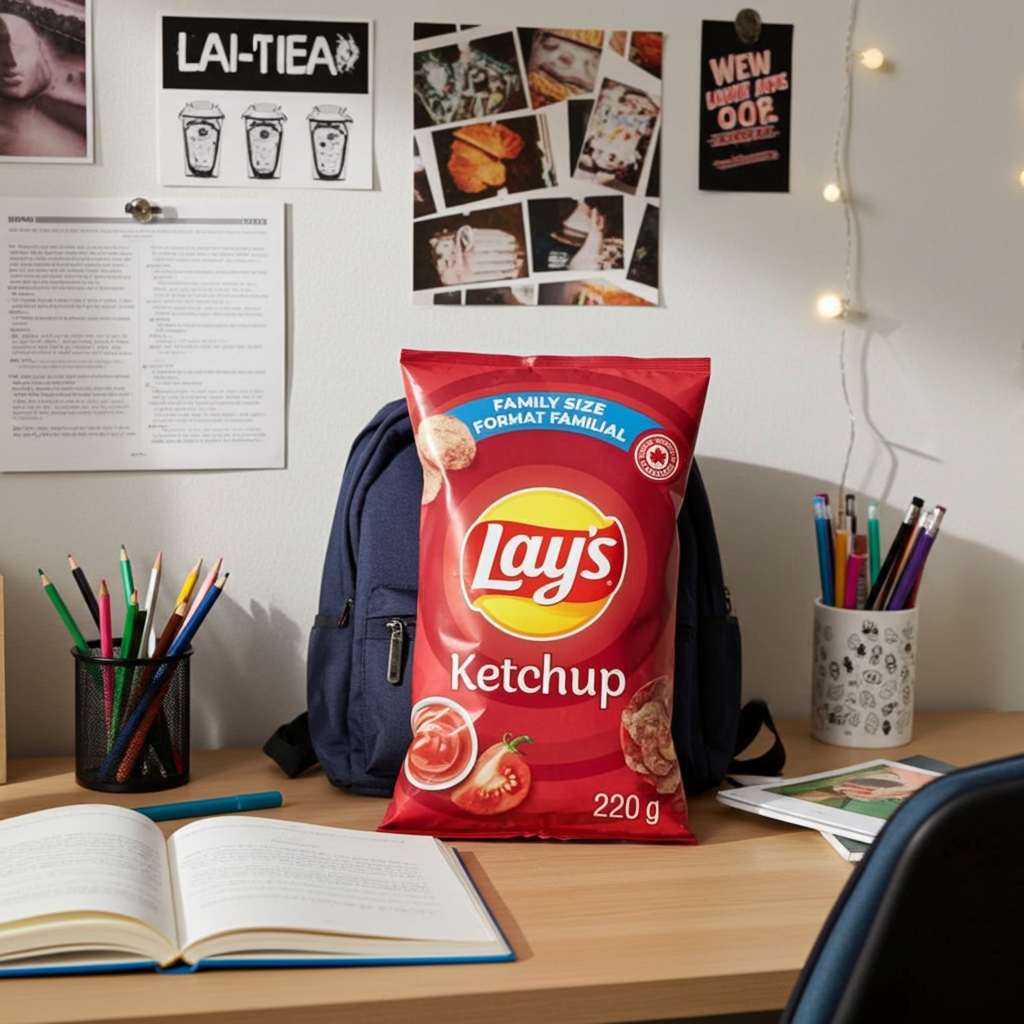 Lay's Ketchup chip bag on a desk with stationery and a backpack