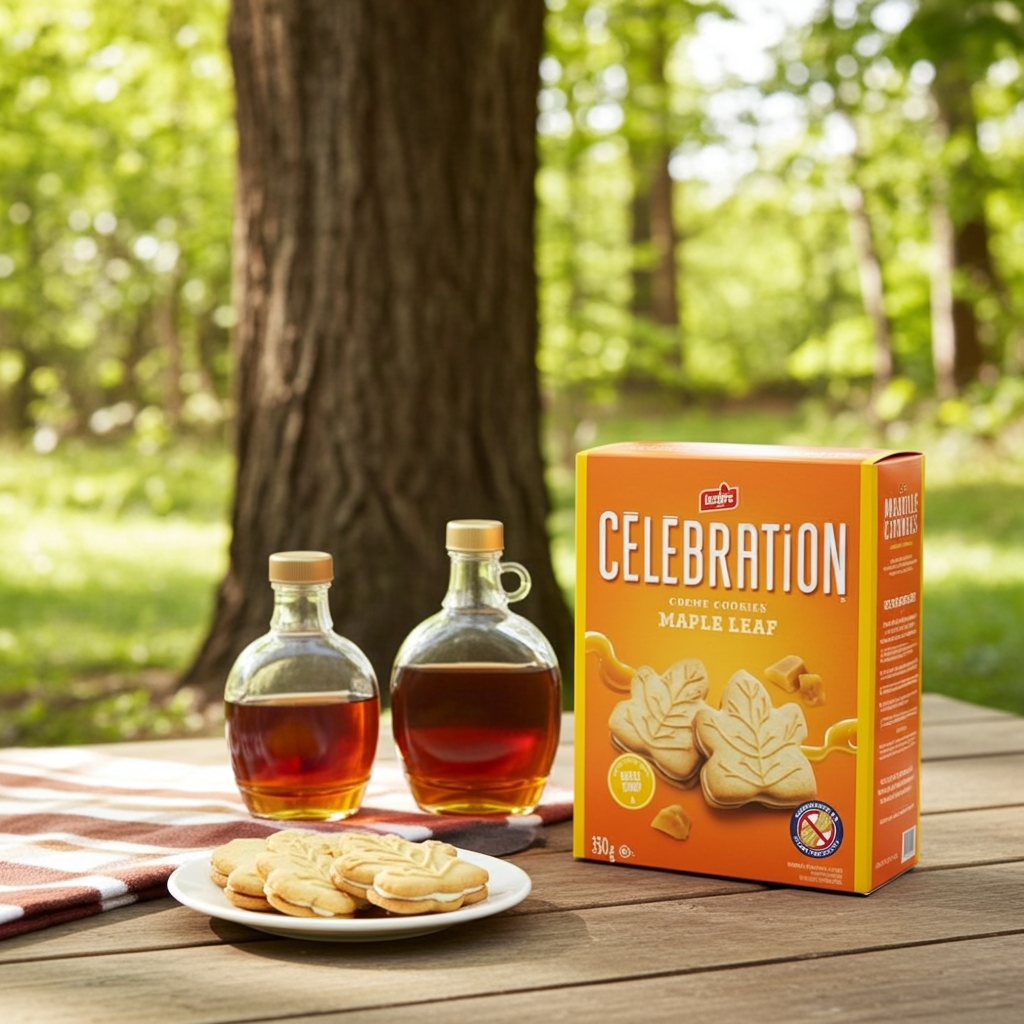 Two bottles of maple syrup, a box of 'Celebration' cookies, and a plate of cookies on a wooden table with a natural background.