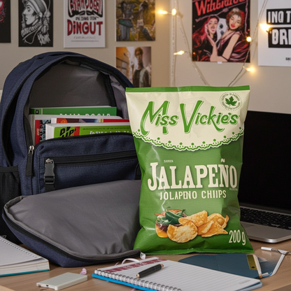 Green bag of Miss Vickie's Jalapeno chips on a desk with a backpack and school supplies.