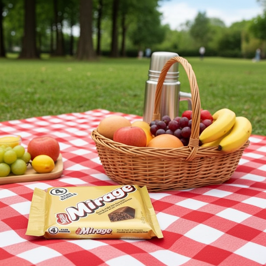 Picnic setup with fruits, Mirage cookies, and a thermos on a red and white checkered tablecloth.