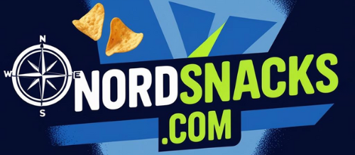 Nordsnacks logo with a compass, chips, and website URL on a dark background