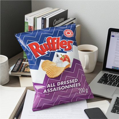 Ruffles potato chips bag on a desk with books, coffee, and a laptop.