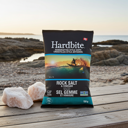 Hardbite chips packaging with a scenic design on a wooden surface near rocks and water.