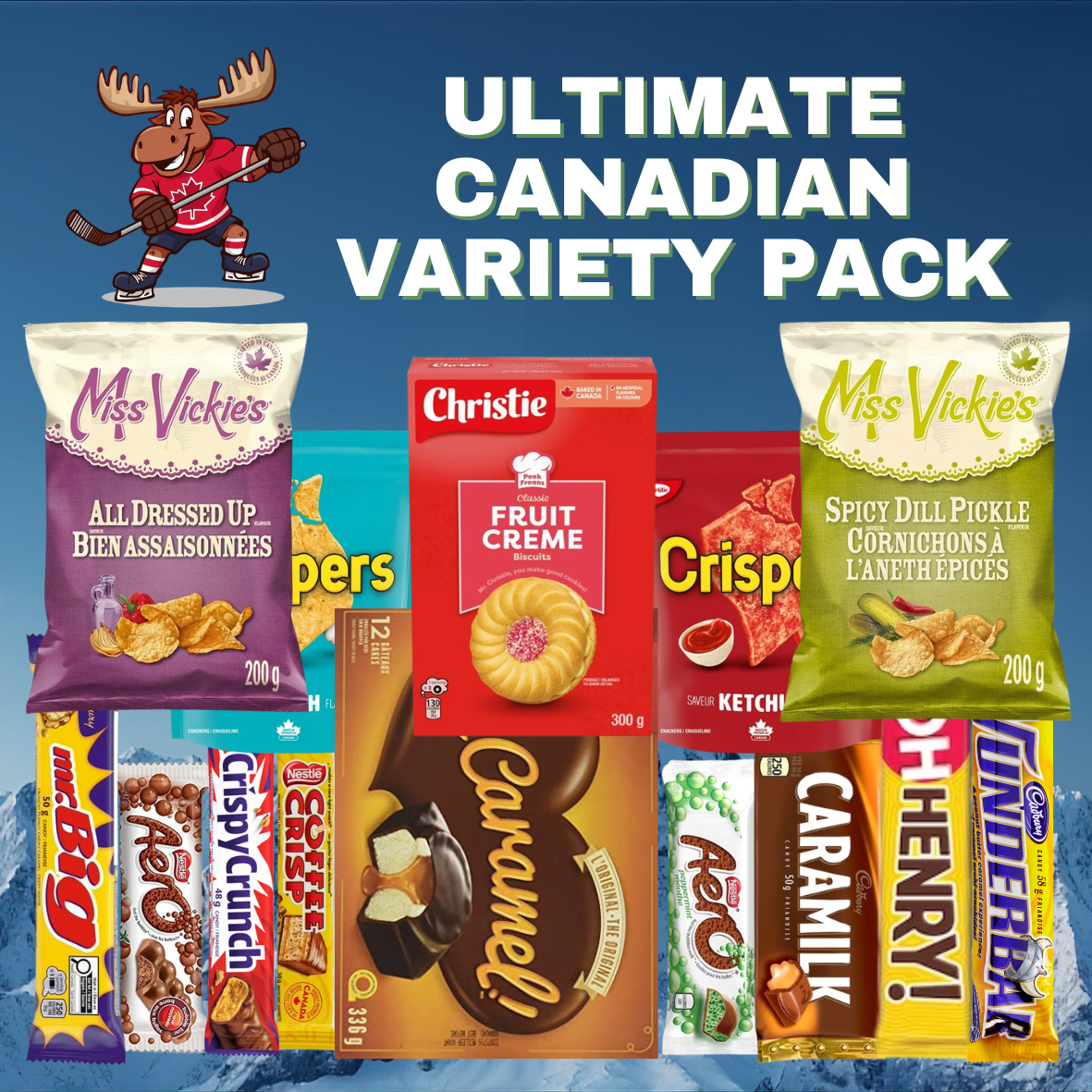 Ultimate Canadian Variety Pack with assorted snacks and candies on a blue background
