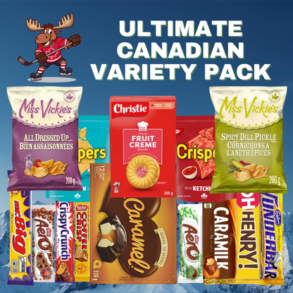 Ultimate Canadian Variety Pack with assorted snacks and candies on a blue background