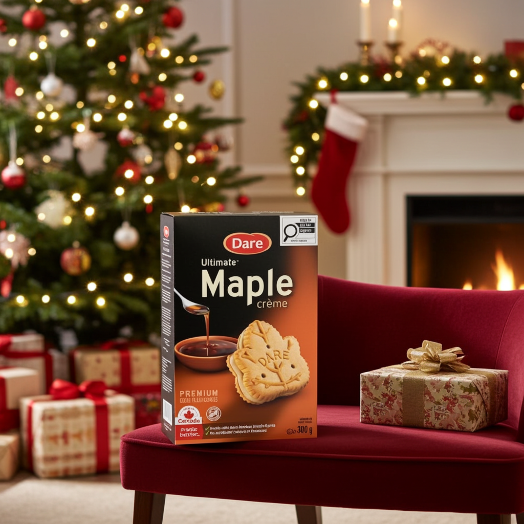A box of Dare Ultimate Maple crème cookies stands on a red armchair in a cozy holiday living room with a Christmas tree, fireplace, stockings, and wrapped gifts in the background.
