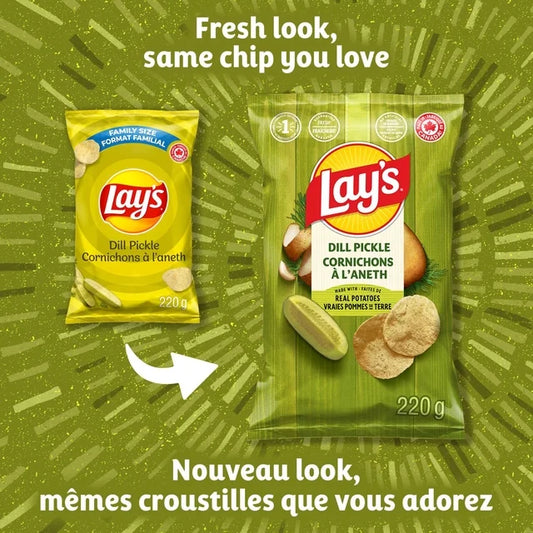 Two packages of Lay's Dill Pickle chips on a green background with text about the new look.