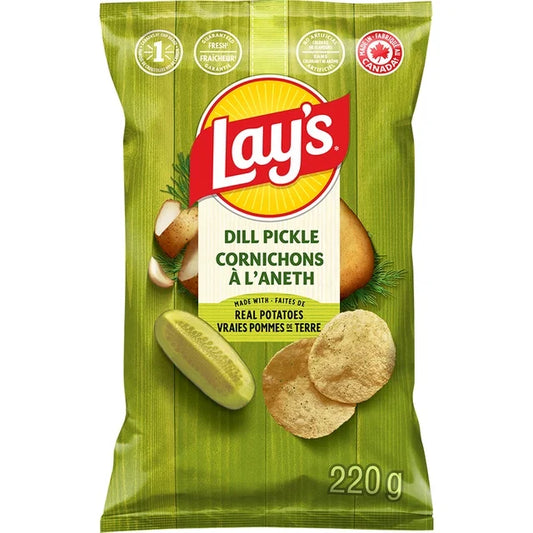 Lay's dill pickle flavored potato chips packaging on a white background